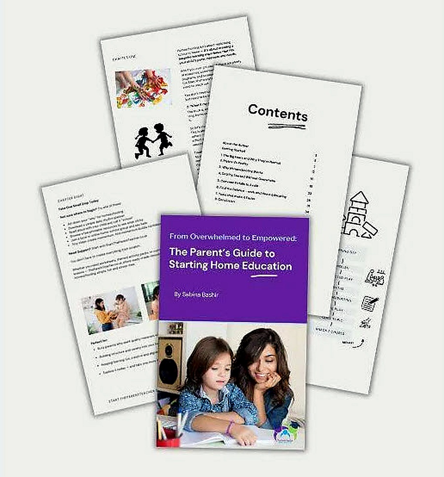 Preview of the home education guide pages and workbook